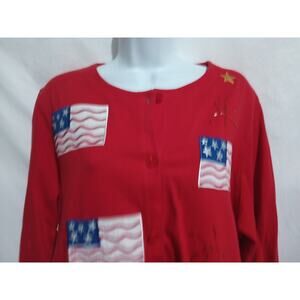 Emma Tricot Size XL Cotton L/S Red Patriotic Applique Button Front Casual Top